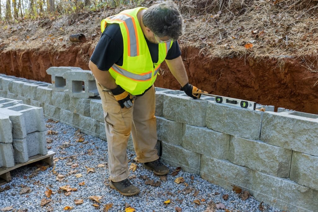 Man with leveling tool building retaining block wall with being built on new property
